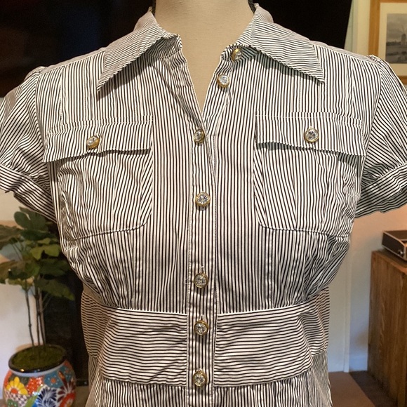 INC striped button down blouse with rhinestone buttons - Picture 2 of 8